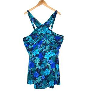 Swimsuits For All Plus Sz 26 Blue Hawaiian High Neck Wrap Swimdress Beach